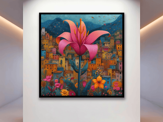 Cityscape with Floral Wall Art Print, Sky Blue, Pink Pedals - Maowa Art Gallery