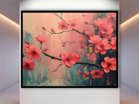 Floral Branches Abstract Wall Art Print, Textured Beige Red Blossoms - Maowa Art Gallery