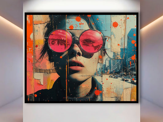 In this artwork, a figure&#39;s oversized sunglasses vividly capture a lively cityscape. sharp orange splashes against a backdrop of cream, beige, and soft grays. using a contemporary mix of realism and abstract street art influences