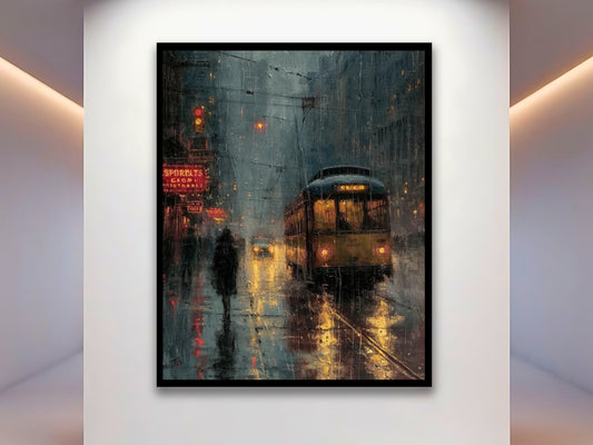 A vintage tram, illuminated from within, glides through the glistening streets, reflecting its warm lights on the wet pavement.