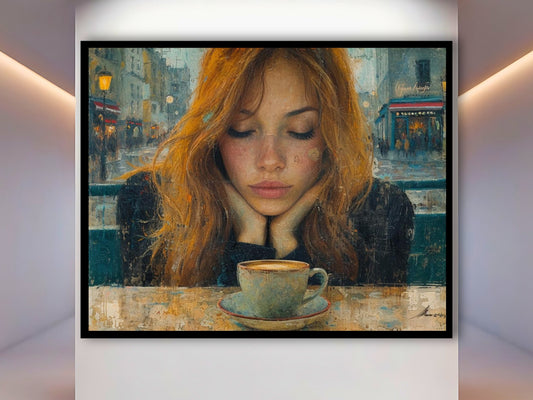 This artwork portrays a woman in a café with a highly detailed and textured approach, blending contemporary realism with impressionistic touches. the warm, earthy tones of rich browns and deep oranges dominate the painting