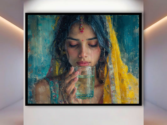 a painting of a woman drinking a glass of water