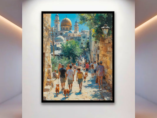 This artwork is a vibrant and lively depiction of a sun-drenched, historic street leading towards iconic domed structures.