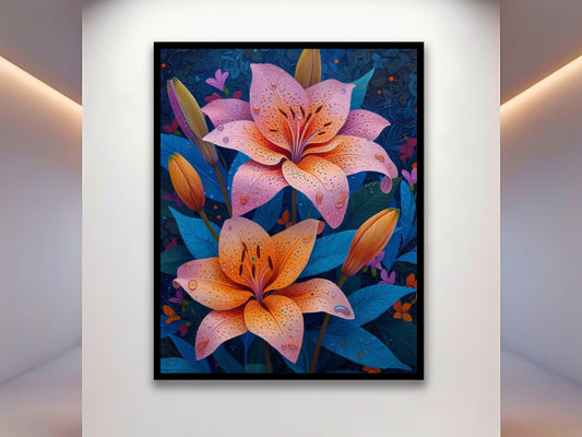 Lilies Floral Composition Wall Art Print, Orange Red and Navy - Maowa Art Gallery