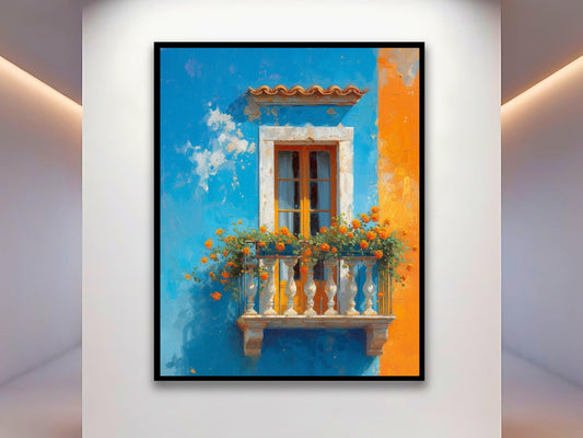 Mediterranean balcony wall art print, impressionist orange and blue - Maowa Art Gallery
