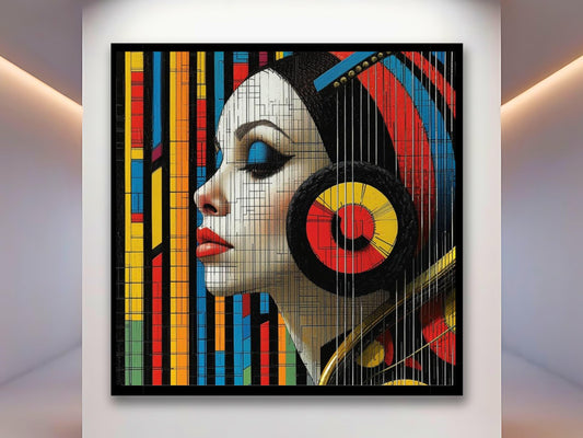 Mondrian Woman Headphones Wall Art Print, Colorful Vibrant Energy - Maowa Art Gallery