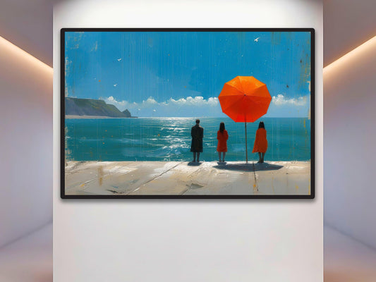 Seaside Impressionistic Wall Art Print, Vivid Orange Umbrella - Maowa Art Gallery
