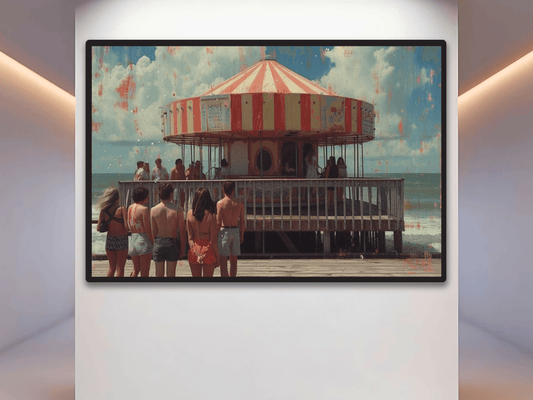 Vintage-Style Carousel Wall Art Print, Blue Sky, Red and White stripes - Maowa Art Gallery